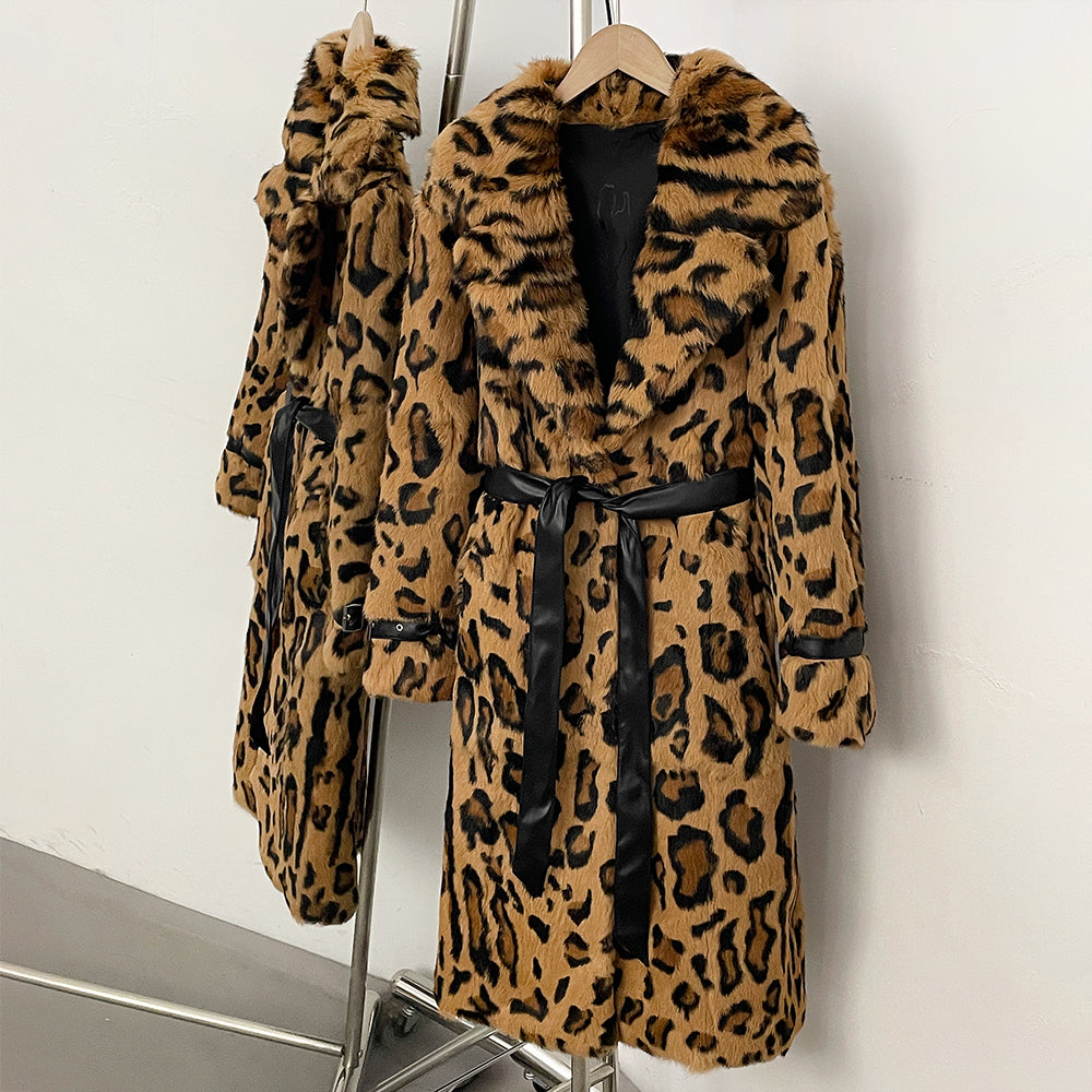 Side hanging shot of vintage leopard genuine rabbit fur belted winter trench coat