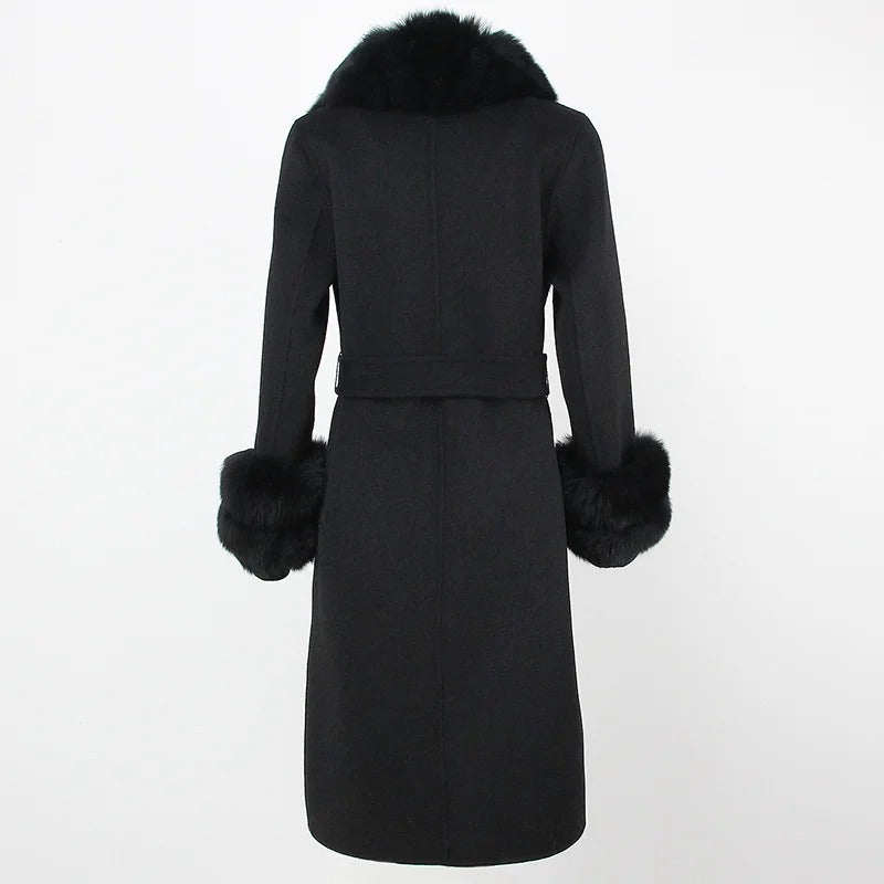 OFTBUY Winter Jacket Women Long Natural Wool Blends Cashmere Real Fur Coat Double Breasted Belt Warm Streetwear New Fashion