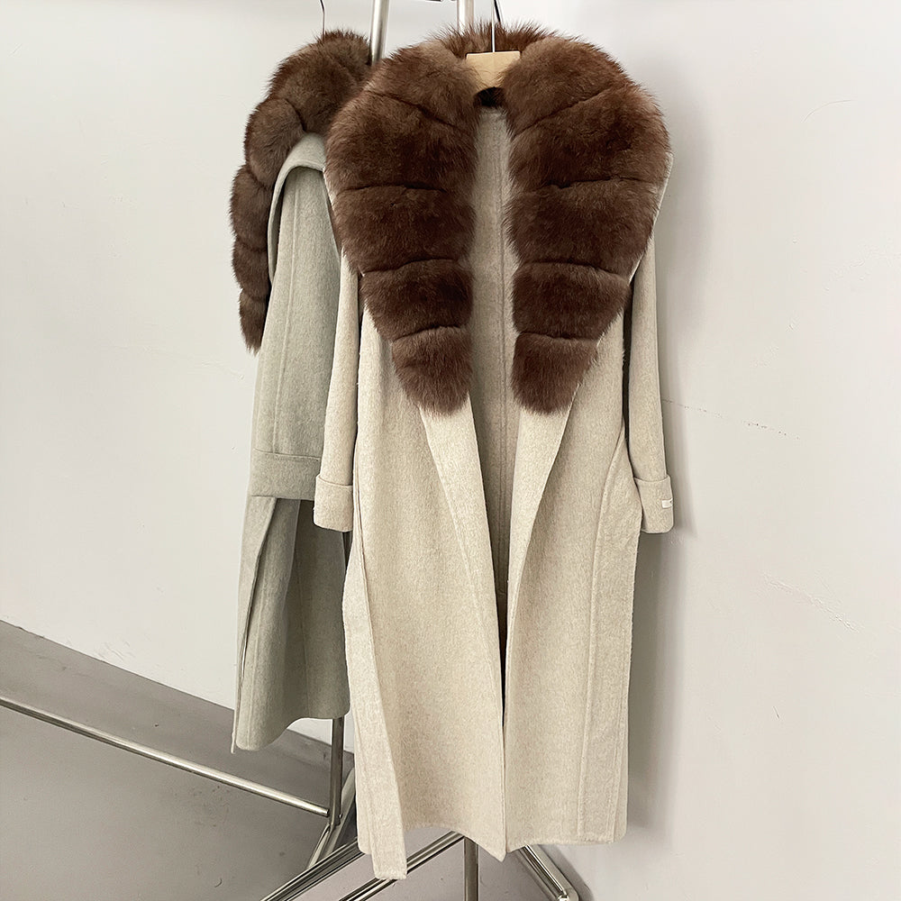 OFTBUY Belted Elegant Warm Outerwear Coat Female Women's Luxury Double-Faced Wool Jacket Winter Oversized Real Fox Fur Collar
