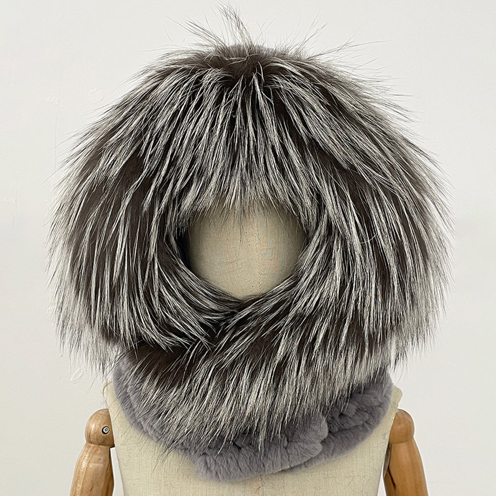 OFTBUY New Winter Thick Warm Windproof Fluffy Neckerchief Female Natural Rabbit Fur Hat with Scarf Women Real Fox Fur Cap Child