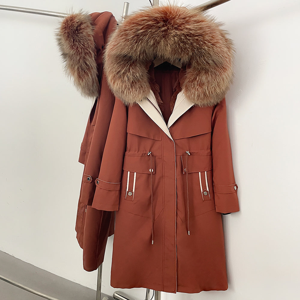 OFTBUY Long Hooded Real Fox Fur Collar Coat Women Waterproof Windproof Natural Rabbit Fur Inner Jacket New Thickened Warm Parker