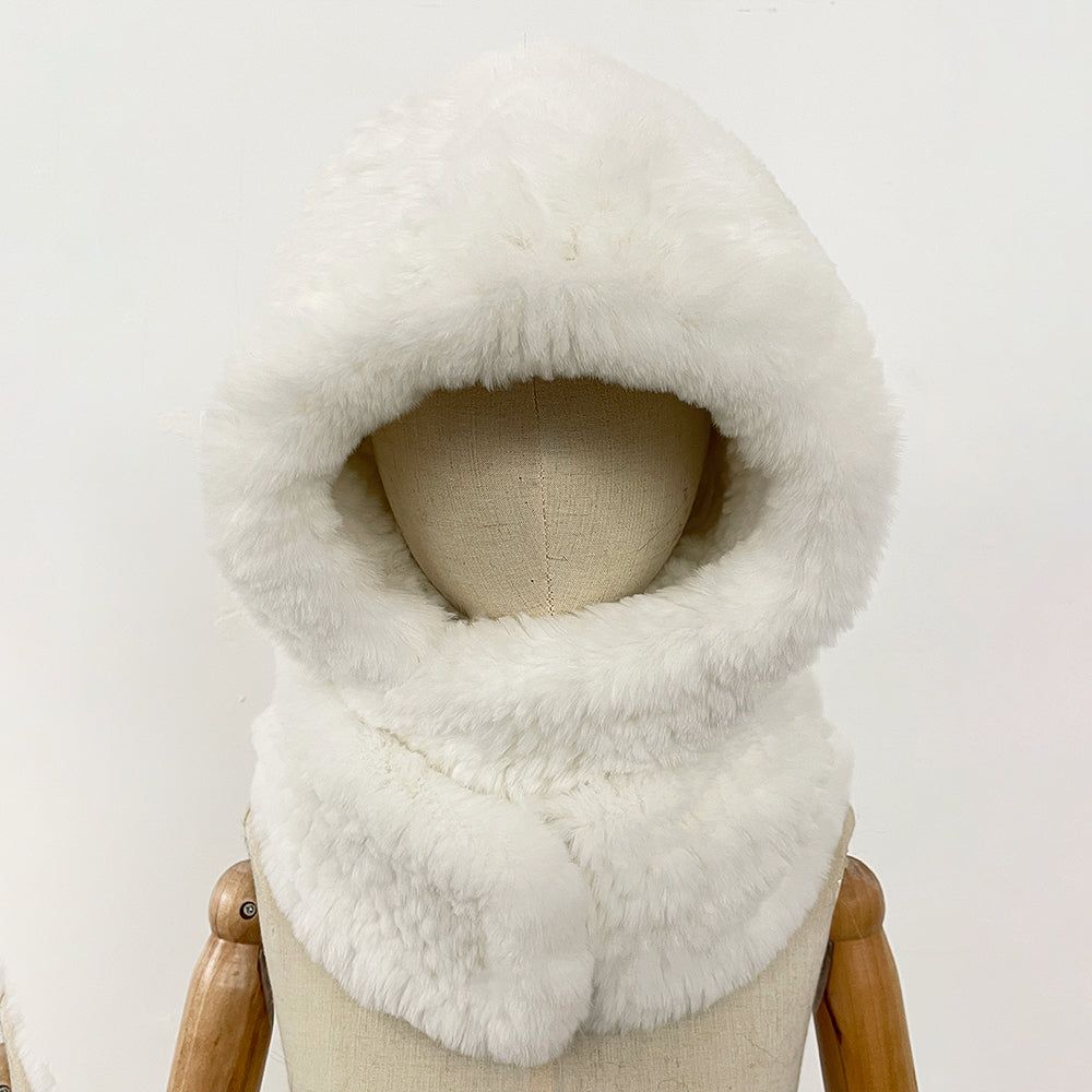 OFTBUY New Winter Cute Windproof Real Fur Cycling Cap with Muffler Female Thick Warm Natural Rabbit Fur Bomber Hat Scarf Women