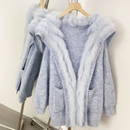 OFTBUY Sweater Femlae Button Pockets Warm Winter Luxury Outerwear New Women's Knit Cardigan with Large Real Fox Fur Collar