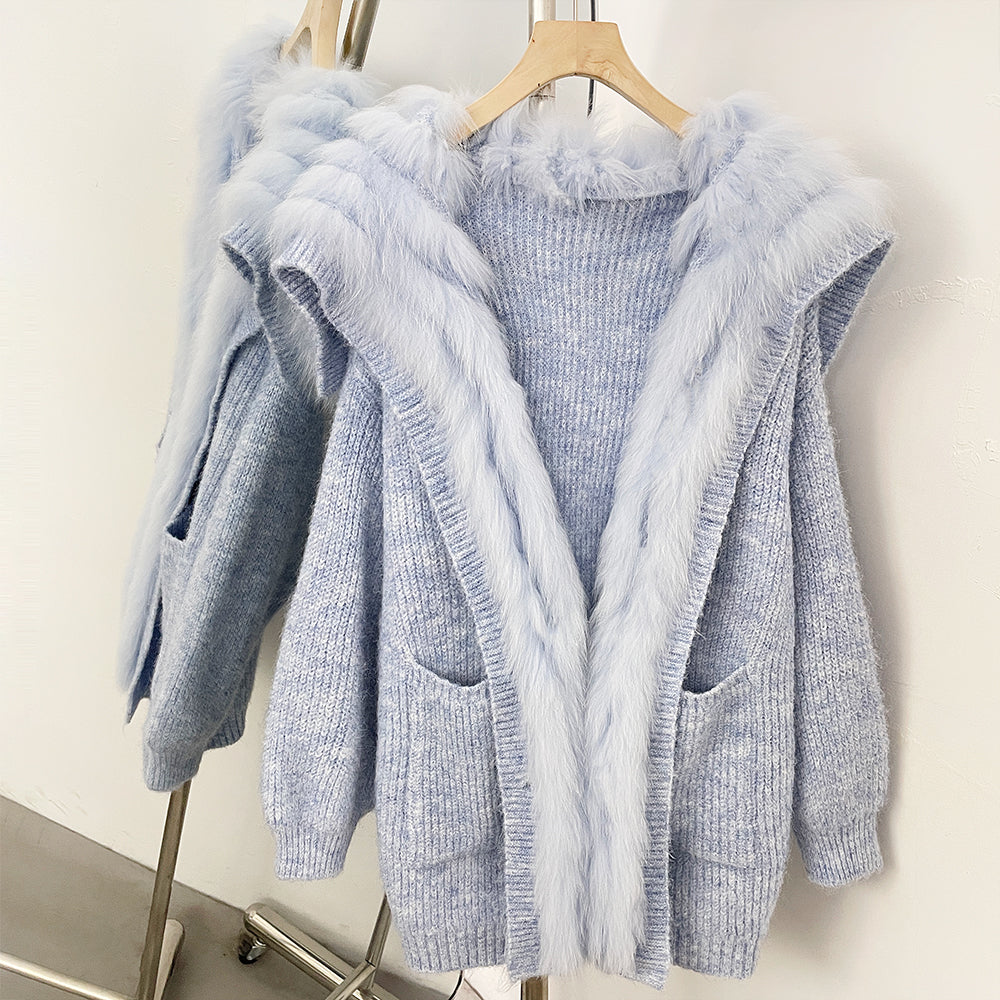 OFTBUY Sweater Femlae Button Pockets Warm Winter Luxury Outerwear New Women's Knit Cardigan with Large Real Fox Fur Collar