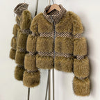 OFTBUY Luxury Wool Blend Tweed & Vegan Fur Panelled Jacket - Chic Cropped Zip-Up Coat with Funnel Neck