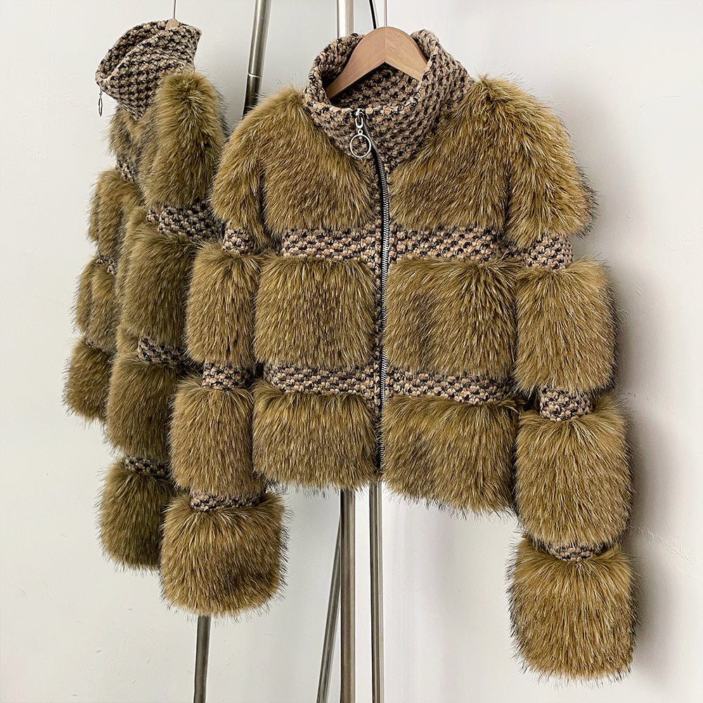 OFTBUY Luxury Wool Blend Tweed & Vegan Fur Panelled Jacket - Chic Cropped Zip-Up Coat with Funnel Neck
