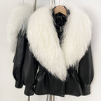 OFTBUY New Spring Autumn Faux Leather Jacket Female Real Mongolia Sheep Fur Pu Leather Coat Women Luxury Fashion Streetwear