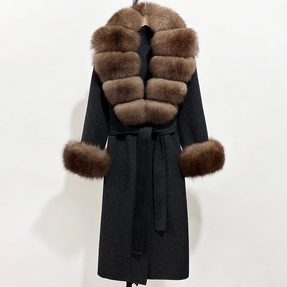OFTBUY Fashion Warm Woolen Jacket with Real Fox Fur Collar and Cuffs New Autumn Winter Wool Clothing Women Long Belt Outerwear