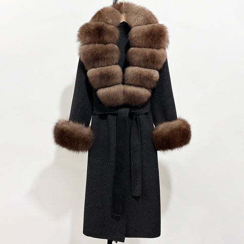 OFTBUY Fashion Warm Woolen Jacket with Real Fox Fur Collar and Cuffs New Autumn Winter Wool Clothing Women Long Belt Outerwear