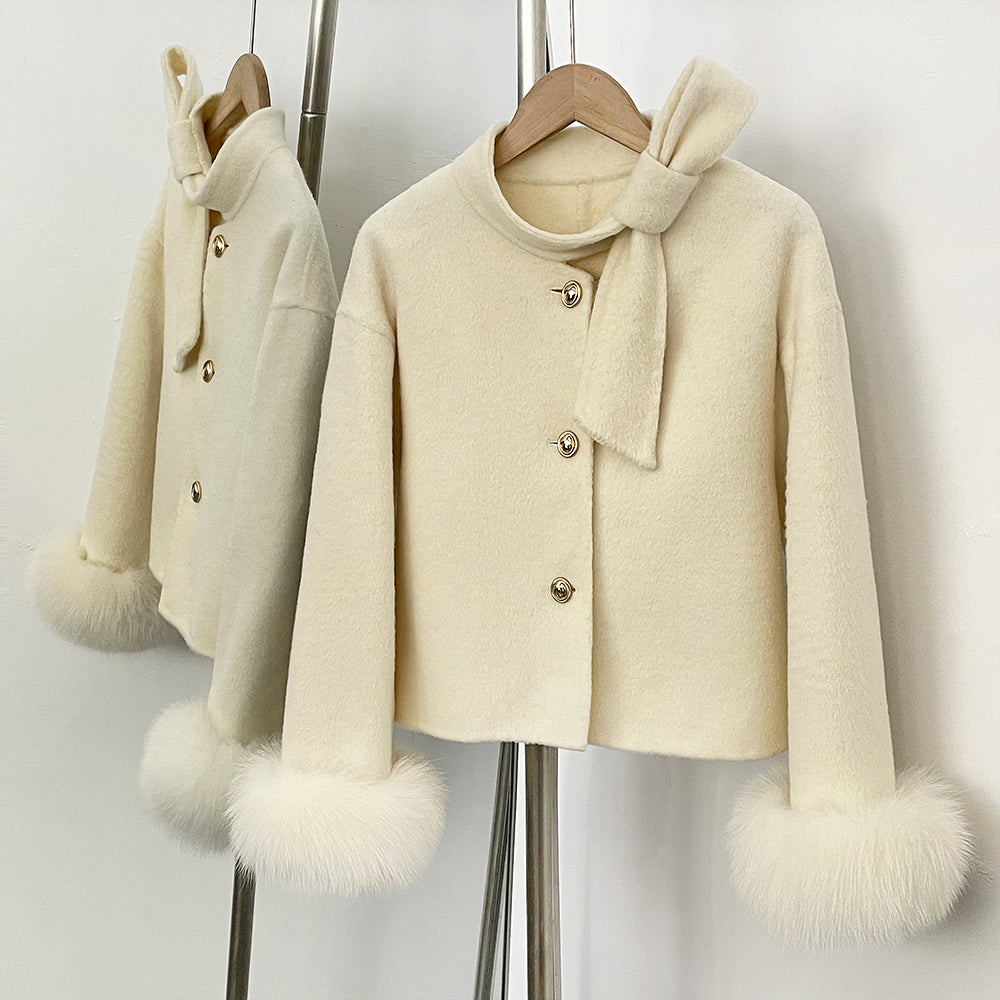 OFTBUY Winter New Style Bowcroppedsleeve Opening Real Fox Fur Cuffs Wool Coat Double-sided Woolen Goods Overcoat Jacket Women