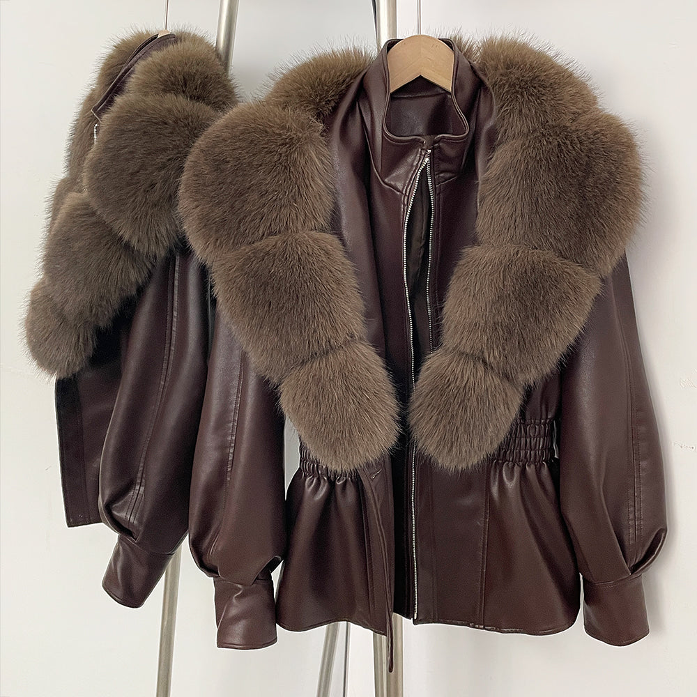 OFTBUY New Women's Faux Leather Jacket with Oversized Faux Fox Fur Elastic Waist Puff Sleeves Coat Luxury Warm Winter Outerwear
