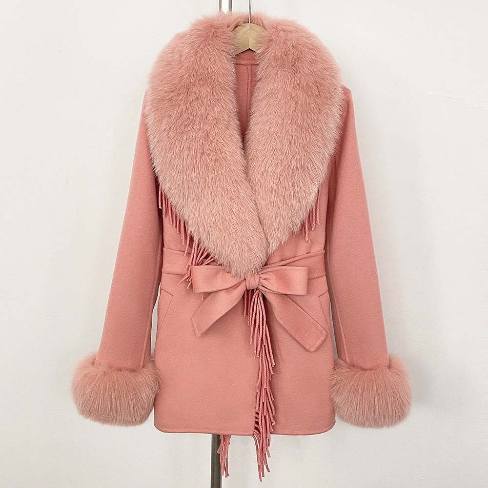 OFTBUY Short Real Fox Fur Wool Coat New Autumn Winter Clothes Women Fashion Natural Fur Woolen Jacket Female Tassel Overcoat