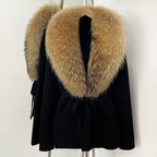 OFTBUY New Autumn Winter Luxury Fashion Outerwear Lady Women's Knit Coat with Large Real Fox Fur Collar Belt Textured Knit Warm