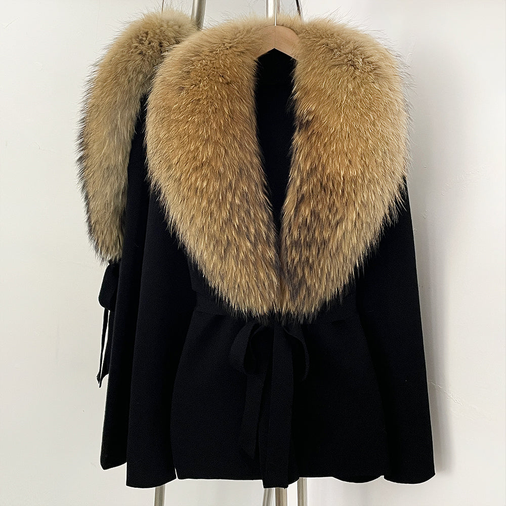 OFTBUY New Autumn Winter Luxury Fashion Outerwear Lady Women's Knit Coat with Large Real Fox Fur Collar Belt Textured Knit Warm