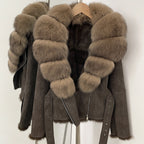 OFTBUY Belt Suede Jacket Women New Autumn Winter Real Fox Fur Collar Clothes Female Thick Warm Natural Rabbit Fur Lining Coat
