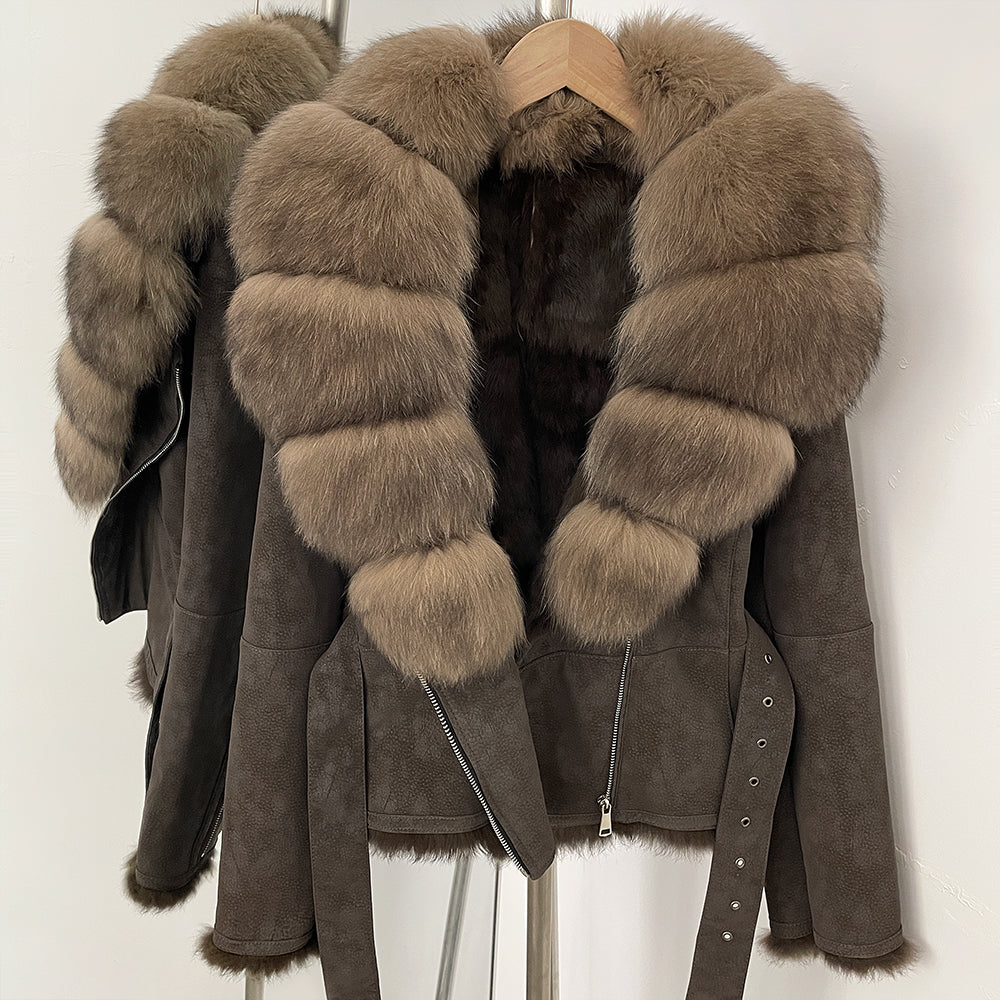 OFTBUY Belt Suede Jacket Women New Autumn Winter Real Fox Fur Collar Clothes Female Thick Warm Natural Rabbit Fur Lining Coat