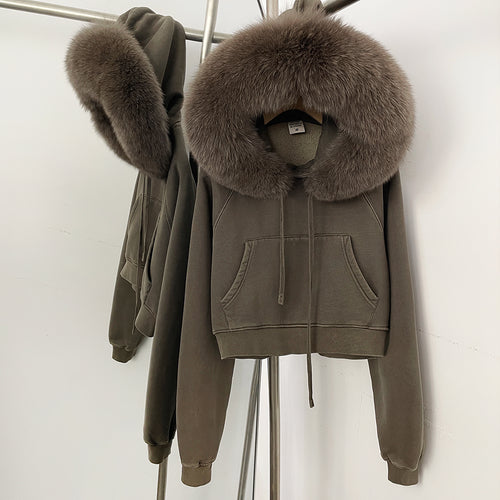 OFTBUY Casual Y2K Hoodie Real Fox Fur Collar Thickened Streetwear Hiphop Hoodie Sweatshirt Vintage Rock Goth Loose Punk Jacket