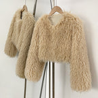OFTBUY Faux Fur Coat for Women Fur Fluffy Autumn Short Fur Coat Eco-friendly Warm Female New Winter Jacket Long Sleeves O-neck