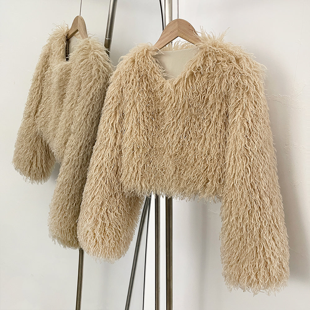 OFTBUY Faux Fur Coat for Women Fur Fluffy Autumn Short Fur Coat Eco-friendly Warm Female New Winter Jacket Long Sleeves O-neck