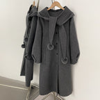 OFTBUY New Women's Hooded Wool Coat with Fur Pom Details Long Single Breasted Winter Warm Elegant Woolen Outerwear Female