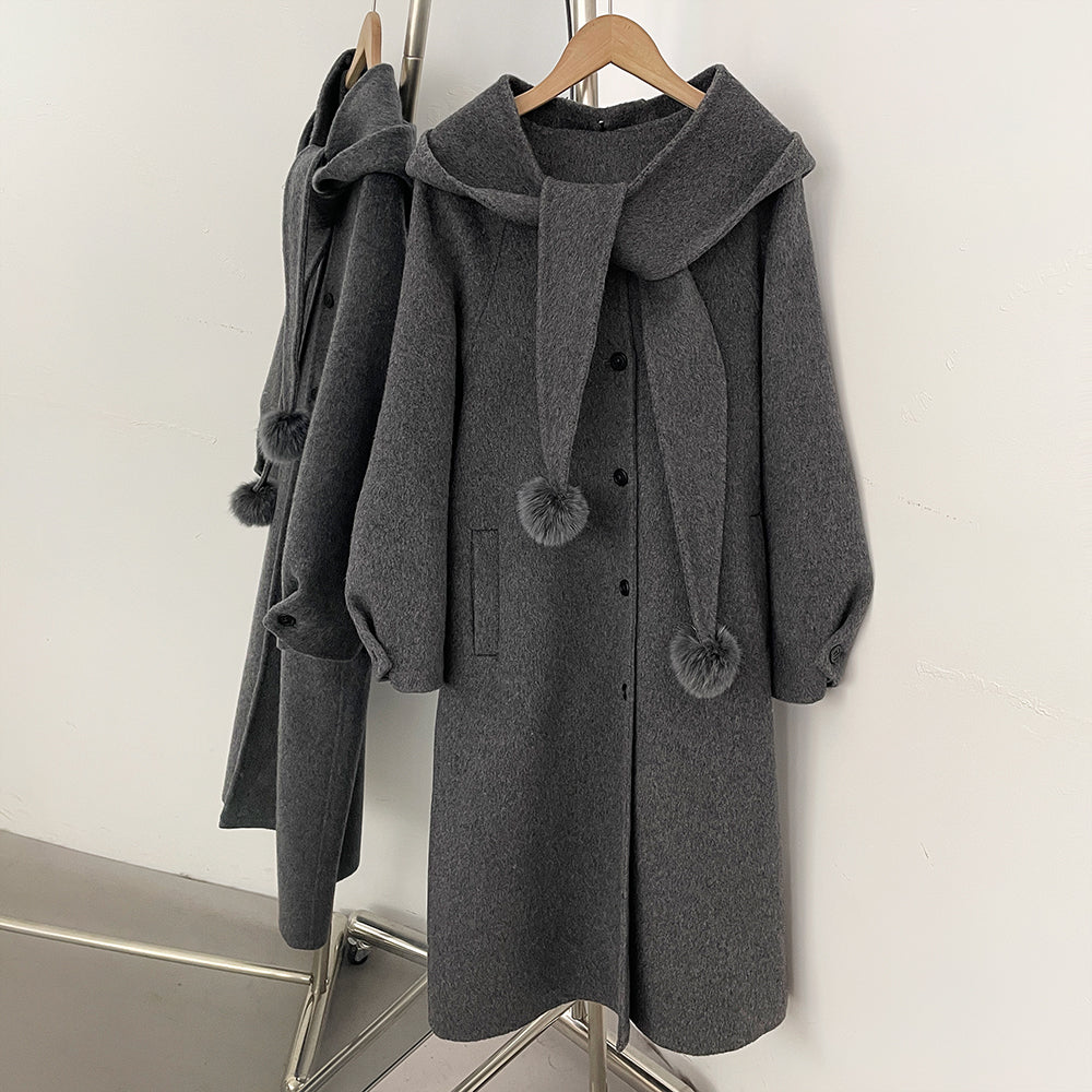 OFTBUY New Women's Hooded Wool Coat with Fur Pom Details Long Single Breasted Winter Warm Elegant Woolen Outerwear Female