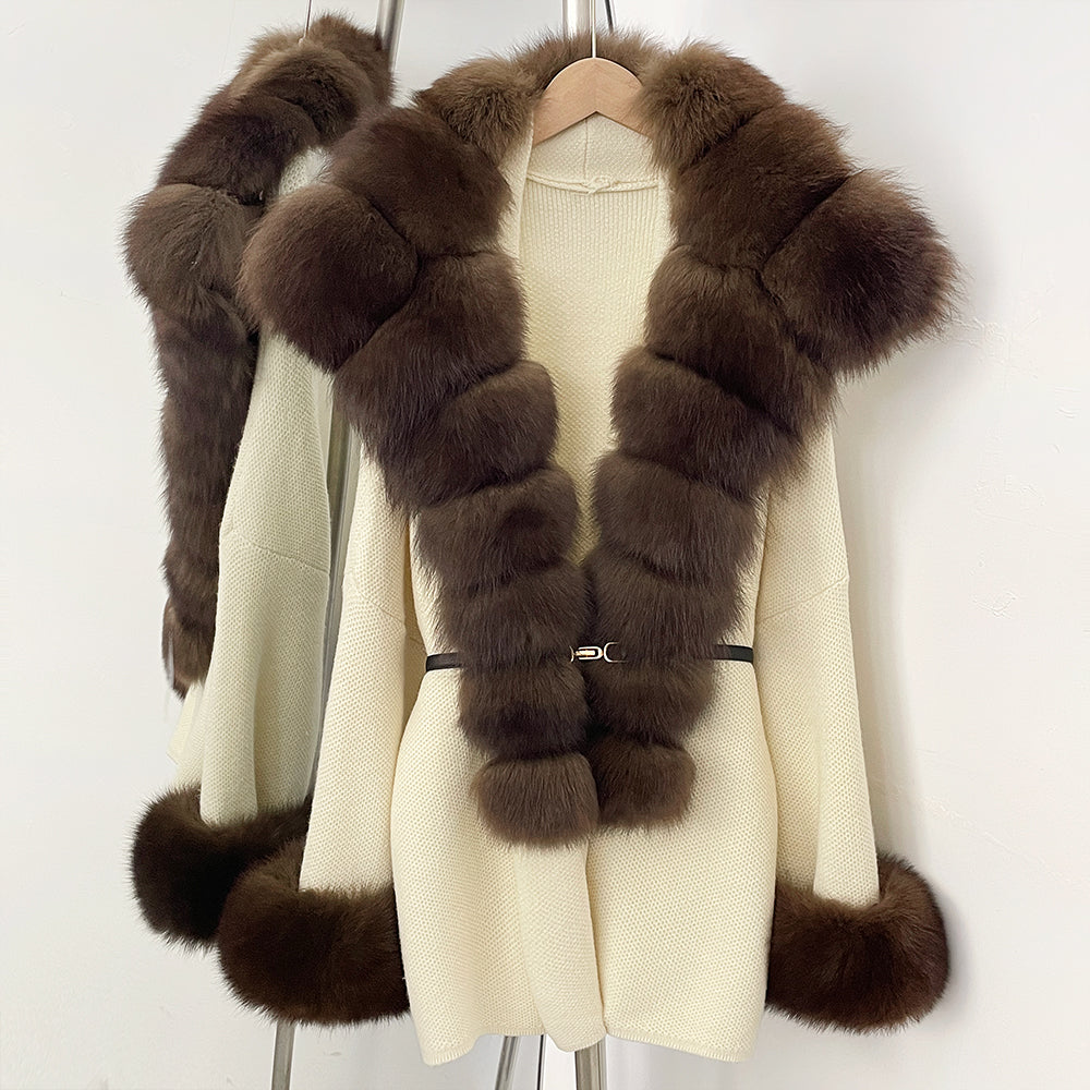 OFTBUY Belt Loose Fit Warm Winter Fashion Outerwear Natural Fur Sweater Female New Women's Knit Coat with Large Real Fox Fur