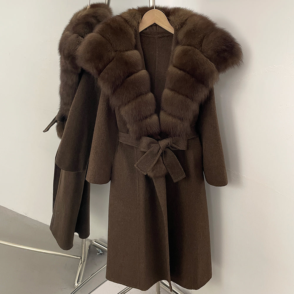 OFTBUY Long Belt Real Fur Wool Coat Female New Autumn Winter Warm Clothes Women Natural Fox Fur Collar Cashmere Woolen Jacket