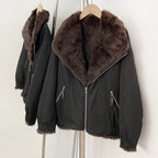 OFTBUY Reversible Real Rabbit Fur Lined Short Bomber Jacket - Oversized Wide Genuine Fox Fur Collar Windproof Outer Shell Winter Coat