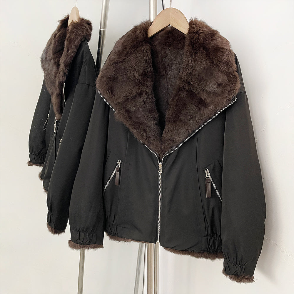OFTBUY Reversible Real Rabbit Fur Lined Short Bomber Jacket - Oversized Wide Genuine Fox Fur Collar Windproof Outer Shell Winter Coat