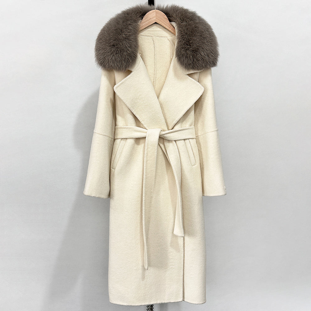 OFTBUY New Autumn Winter Long Clothing Women Fashion Warm Wool Coat with Real Fox Fur Collar Belt Elegant Woolen Jcacket Female