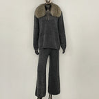 OFTBUY New Women's Knit Two Piece Set with Real Fox Fur Collar Loose Pants Warm Winter Elegant Casual Outfit Sweater Female