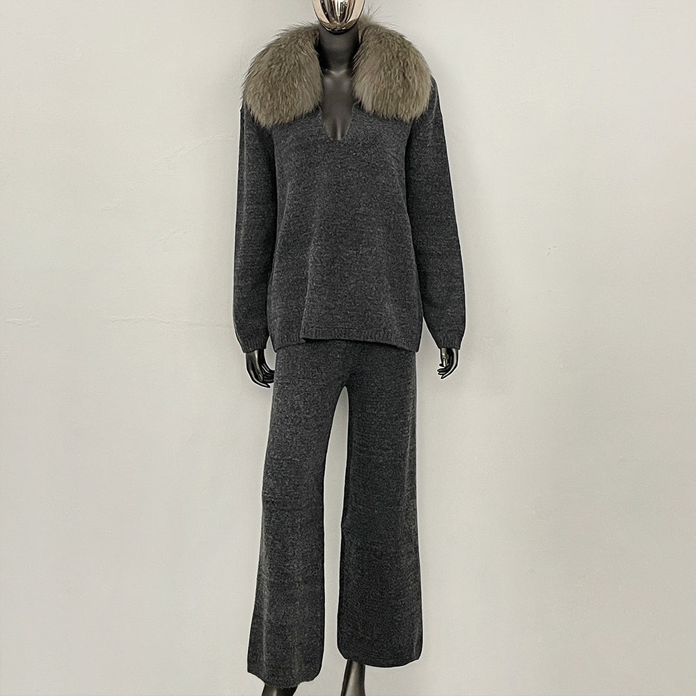 OFTBUY New Women's Knit Two Piece Set with Real Fox Fur Collar Loose Pants Warm Winter Elegant Casual Outfit Sweater Female
