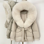 OFTBUY Thick Warm Mid-Long Puffer Coat Real Fox Fur Collar White Duck Down Coat Female Loose Warm Hooded Parkas With Belt