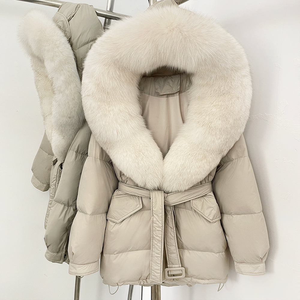 OFTBUY Thick Warm Mid-Long Puffer Coat Real Fox Fur Collar White Duck Down Coat Female Loose Warm Hooded Parkas With Belt