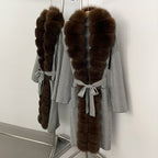 OFTBUY 2025 New Women's Knit Coat with Full Real Fox Fur Trim Belted Warm Winter Elegant Fashion Outerwear Female Long Sweater