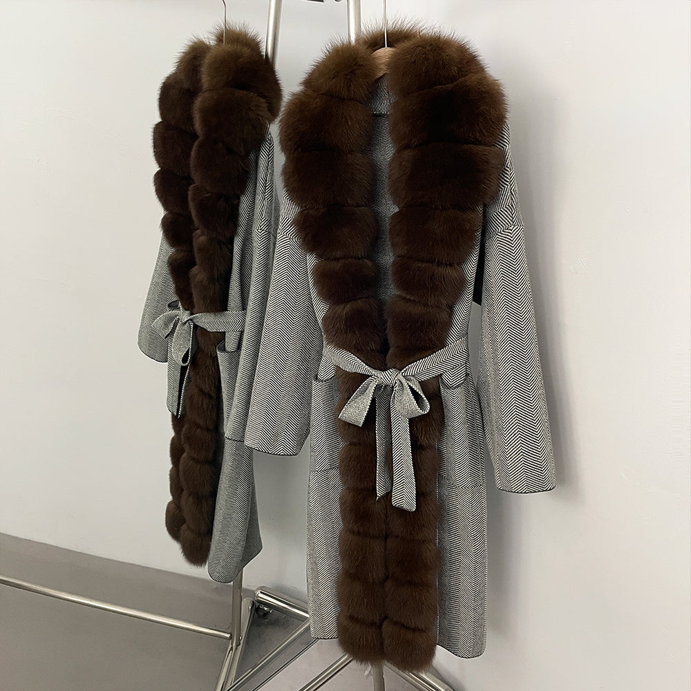 OFTBUY 2025 New Women's Knit Coat with Full Real Fox Fur Trim Belted Warm Winter Elegant Fashion Outerwear Female Long Sweater