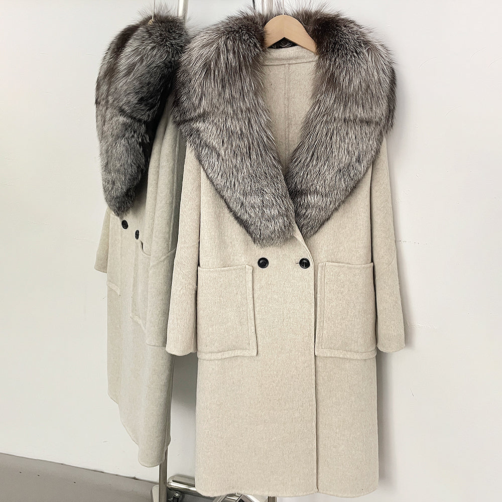 OFTBUY Double Breasted Pockets Long Luxury Warm Winter Outerwear New Women's Double-Faced Wool Coat with Real Fox Fur Collar