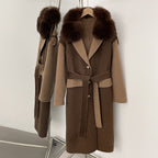 OFTBUT New Autumn Winter Clothing Women Long Single-breasted Belt Wool Coat Female Natural Fox Fur Cashmere Woolen Jacket