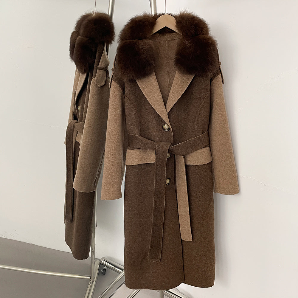 OFTBUT New Autumn Winter Clothing Women Long Single-breasted Belt Wool Coat Female Natural Fox Fur Cashmere Woolen Jacket