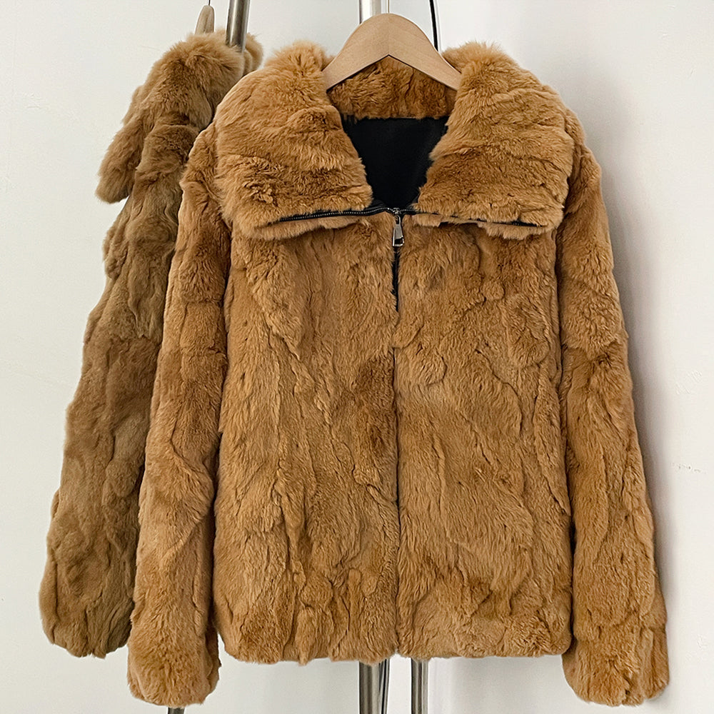 Caramel brown vintage warm real rabbit fur zip up jacket