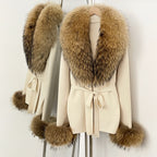 OFTBUY New Women's Knit Cardigan with Real Fox Fur Collar and Cuff Belt Luxury Coat Warm Autumn Fashion Outerwear Sweater Female