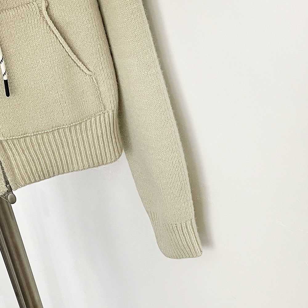 OFTBUY New Women's Beige Knit Hoodie with Large Real Fox Fur Trim Zipper Pockets Warm Winter Fashion Casual Outerwear Lady