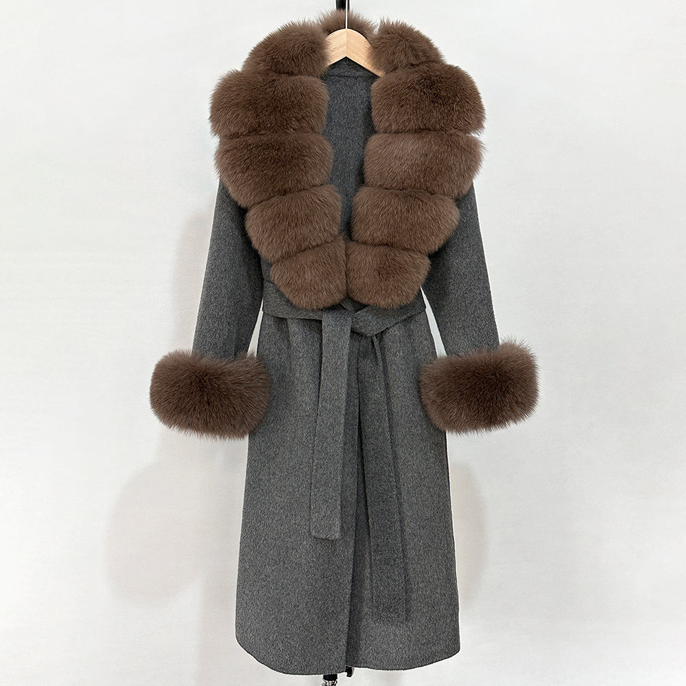 OFTBUY Fashion Warm Woolen Jacket with Real Fox Fur Collar and Cuffs New Autumn Winter Wool Clothing Women Long Belt Outerwear