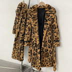 OFTBUY Luxury Leopard Print Real Rabbit Fur Long Coat - Wide Notched Lapel Belted Waist Genuine Rabbit Fur Winter Trench Coat