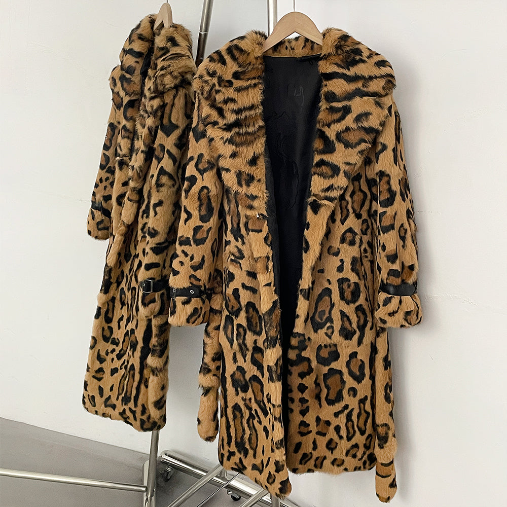 OFTBUY Luxury Leopard Print Real Rabbit Fur Long Coat - Wide Notched Lapel Belted Waist Genuine Rabbit Fur Winter Trench Coat