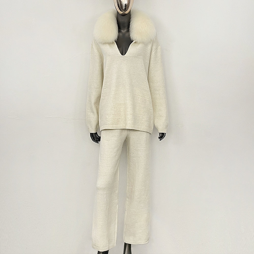 OFTBUY New Women's Knit Two Piece Set with Real Fox Fur Collar Loose Pants Warm Winter Elegant Casual Outfit Sweater Female