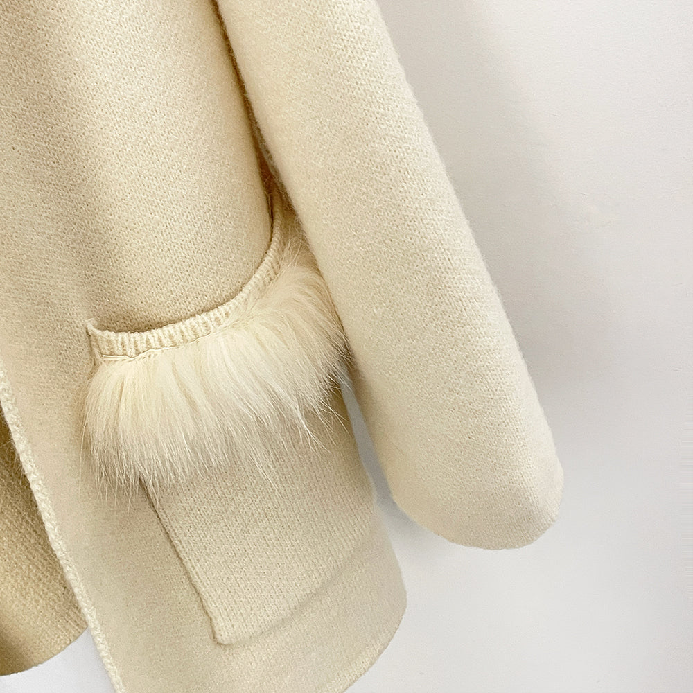 OFTBUY Elegant Cardigan Sweater New Women's Knit Coat with Real Fox Fur Loose Fit Pockets Warm Winter Fashion Cardigan Female