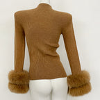 OFTBUY Luxury Mock Neck Ribbed Knit Top with Oversized 100% Real Fox Fur Cuffs