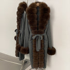 OFTBUY Cardigan Sweater New Women's Knit Long Coat with Full Real Fox Fur Belted Pockets Warm Winter Elegant Fashion Outerwear