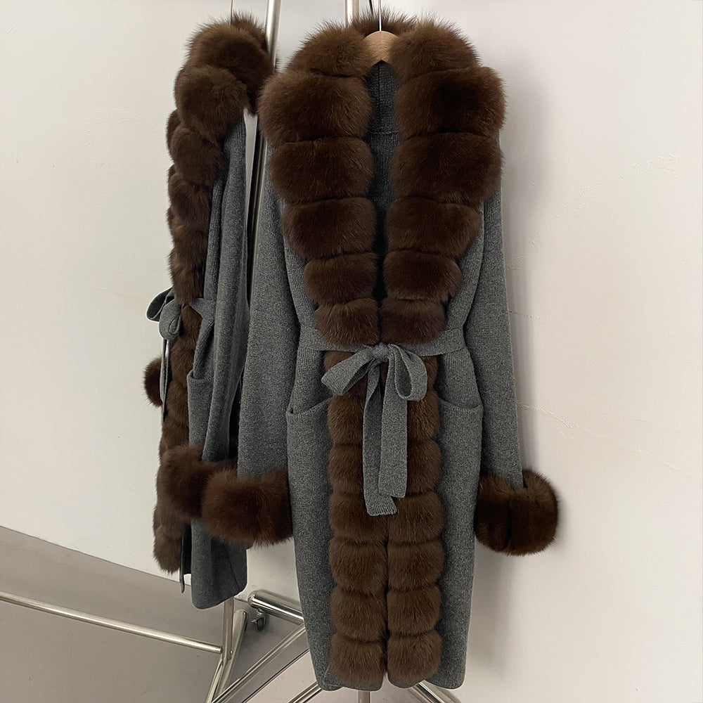 OFTBUY Cardigan Sweater New Women's Knit Long Coat with Full Real Fox Fur Belted Pockets Warm Winter Elegant Fashion Outerwear